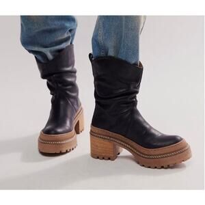 Free People Boots Black Leather Mel Slouch Boots Chunky Platform Sole